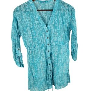 Fresh Produce Aqua‎ Crinkle Cotton Tunic Button Front Drawstring Waist Size XS